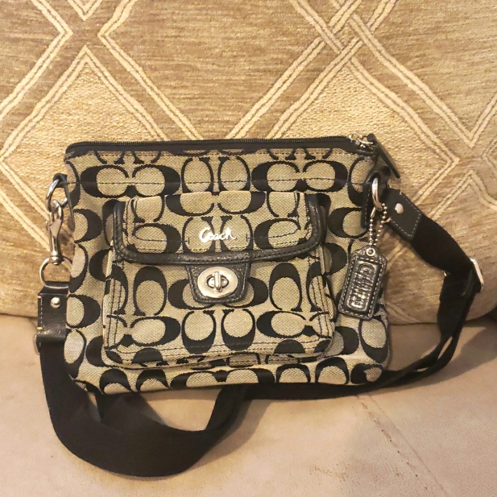 Black logo coach adjustable cross body purse